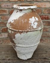 Terracotta tapered jar with distressed white painted finish and double banding, H 66cm x W 40cm x