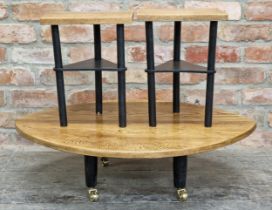 Contemporary low oak coffee table on brass castors H 23cm x W 85cm x D 64cm, together two small