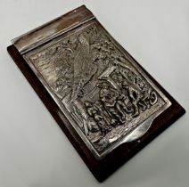 Probably Dutch silver notepad cover, the hinged panel cast with an exterior tavern scene with