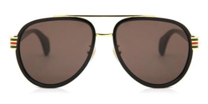 A pair of Gucci Sunglasses for men with black and gold frame and brown lenses. Model number GG0447S.