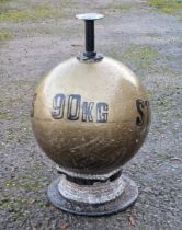 Large cast iron painted mooring bollard, reads '90KG Atlas Stone', with threaded top, H 71cm