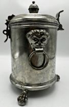 Unusual 19th century continental pewter lidded barrel with grotesque mask twin ring handles and claw