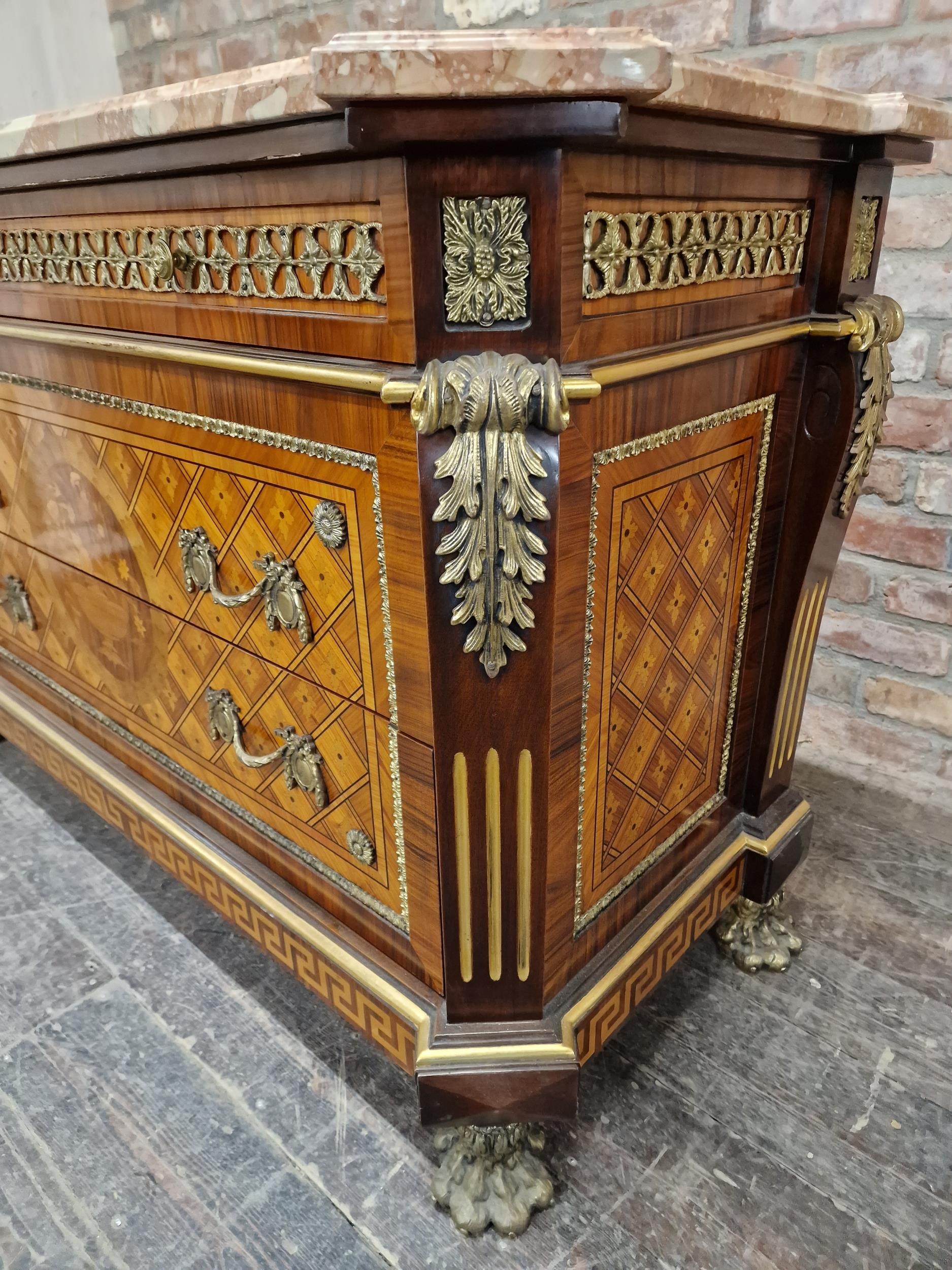 French Louis XVI style kingwood marquetry marble topped commode, three drawers with applied gilt - Image 3 of 5
