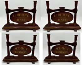 Good pair of Masonic twin branch wooden candlesticks, with revolving 'Liberty Hall' 'Strict Lodge'