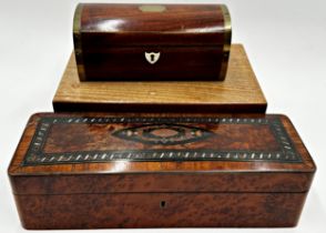 Three antique wooden caskets to include a birdseye maple glovebox with mother of pearl inlay, 31cm