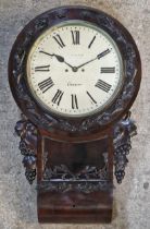 Good 19th century J Barry of Cardiff mahogany drop dial twin fusee wall clock, almost 14" painted