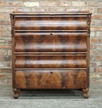 19th century Biedermeier style flame mahogany chest of four drawers, H 109cm x W 102cm x D 53cm