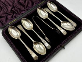 Cased suite of six Victorian bright cut silver teaspoons and sugar tongs, maker Henry Aitken,