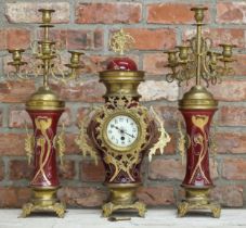 French Art Nouveau ceramic garniture mantle clock, with baluster shaped clock with twin brass