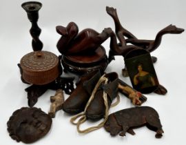 Good mixed lot of treen comprising - carved cherub head, articulated pig, hand painted lacquered