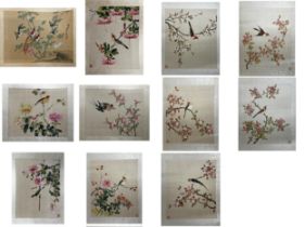 Eleven various Chinese watercolours on silk of birds amidst foliage, mostly with red seal mark,