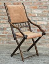 Early 20th century campaign style mahogany folding chair with upholstered seat and back, H 104cm x W