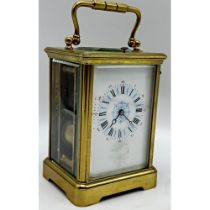 Late 19th century brass cased strike and repeat carriage clock, A*B mark to mechanism, blue and