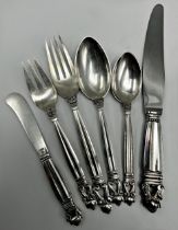 Georg Jensen silver 'Acorn' pattern cutlery set, comprising dessert and tea knife fork and spoon,