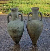 Pair of terracotta twin handled tapered amphora urns, H 58cm x W 26cm (2)