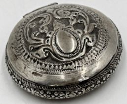Early silver powder bowl, embossed hinged lid, indistinct hallmarks, 5cm diameter, 1oz approx