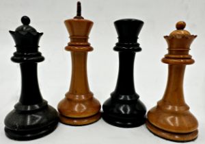 F.H. Ayres boxwood and ebony tournament size weighted chess set, rooks and knights with red