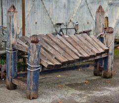 Huge old hardwood garden xylophone or glockenspiel with eleven wood pitched bars and rustic