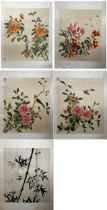 Set of four Chinese watercolours on silk of birds or insect amidst flowers, by the same hand, with