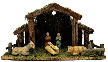 Nardi of Italy nativity scene, terracotta figures of Mary, Joseph, Christ, cattle and ass, with a