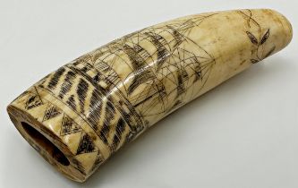 American scrimshaw engraved with a ship, 13cm long
