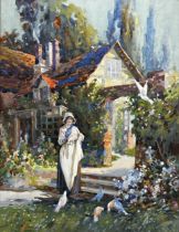 Early 20th century Continental school - lady and birds in a garden, indistinctly signed and dated (