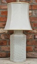 Creamware porcelain hexagonal lattice work table lamp, 72cm high including shade