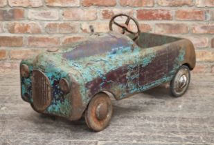 Vintage mid century tin plate child's pedal car with working wheels, H 50cm x W 95cm x D 43cm