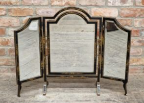 Ebonised triptych arched mirror with Chinoiserie detail and bevelled glass plates, H 69cm x W 89cm