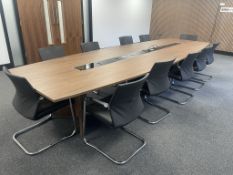 Wooden Boardroom/Meeting Room Table w/ 11 x Faux Leather Conference Chairs & Tempered Glass Middle