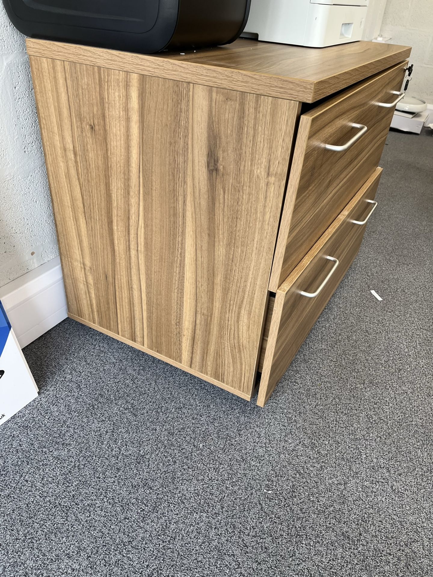 2 x Oak Effect 2 Drawer Lockable Filing Cabinets w/ Matching Open Top Cupboard - Image 2 of 8