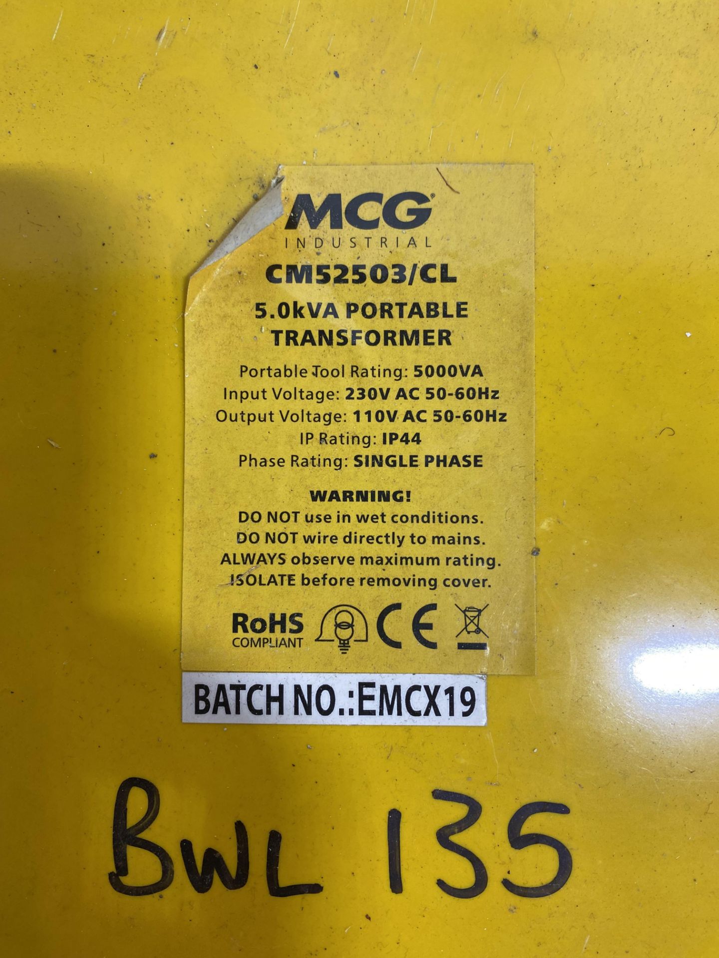 4 x MCG Industrial CM2503/CL 5.0kva Single Phase 110v Portable Transformers - Image 11 of 12