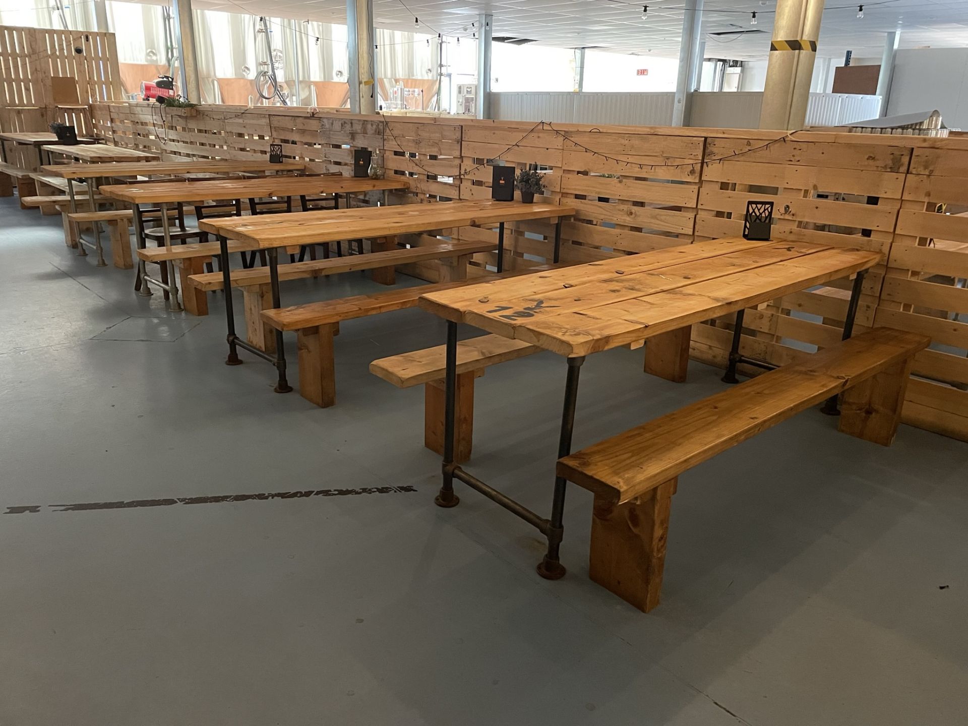 6 x Wooden Dining Tables w/ Metal Frames & 12 x Wooden Seating Benches