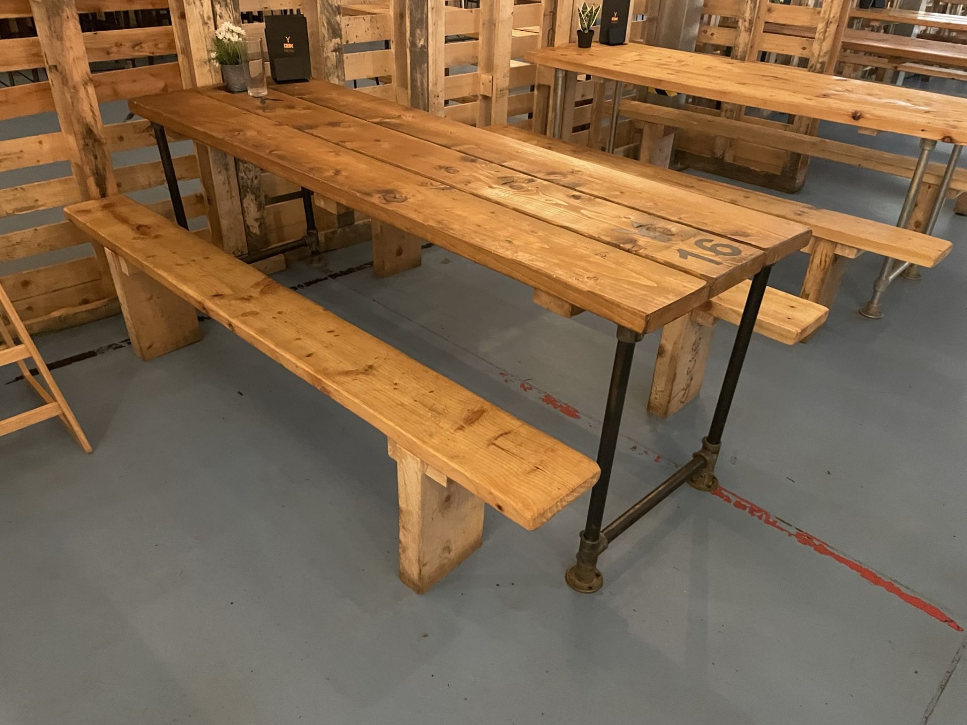 8 x Wooden Dining Tables w/ Metal Frames & 16 x Wooden Seating Benches - Bild 3 aus 8
