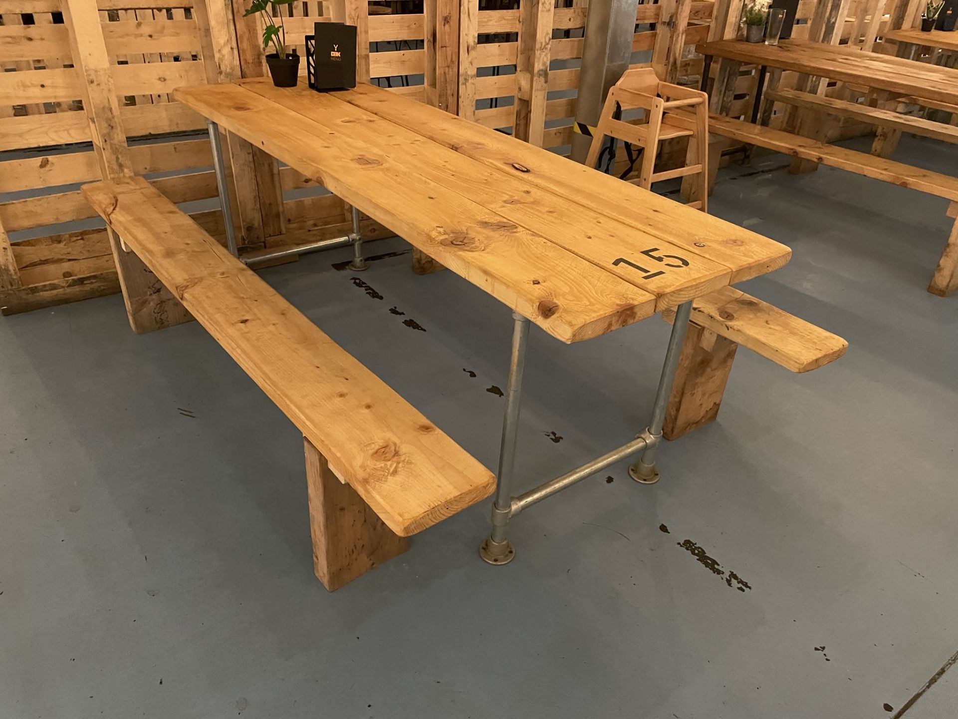 8 x Wooden Dining Tables w/ Metal Frames & 16 x Wooden Seating Benches - Image 2 of 8