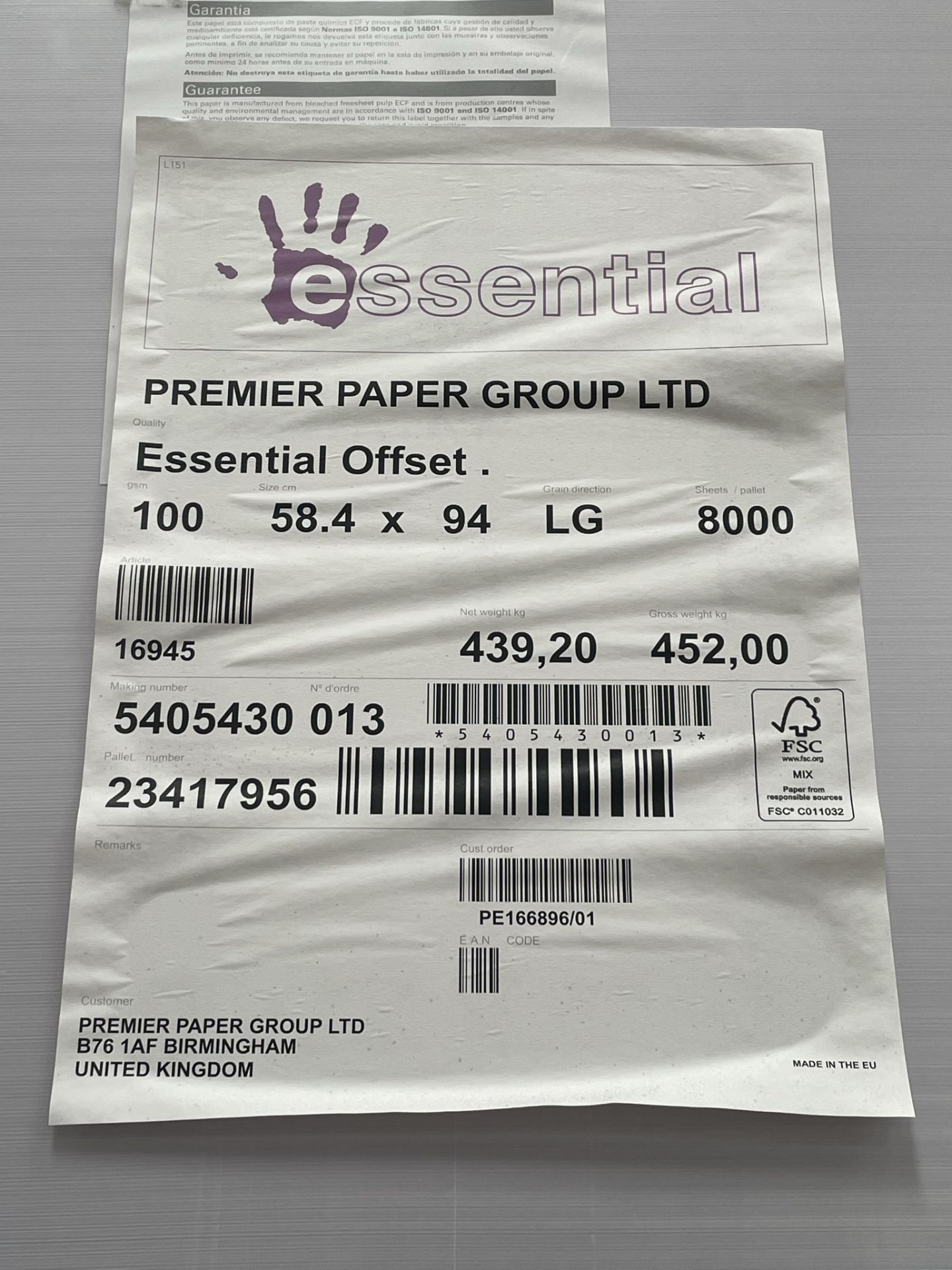 5 x Pallets of Essential Offset 100GSM Paper | 58.4 x 94cm | 8,000 sheets per pallet - Image 2 of 2