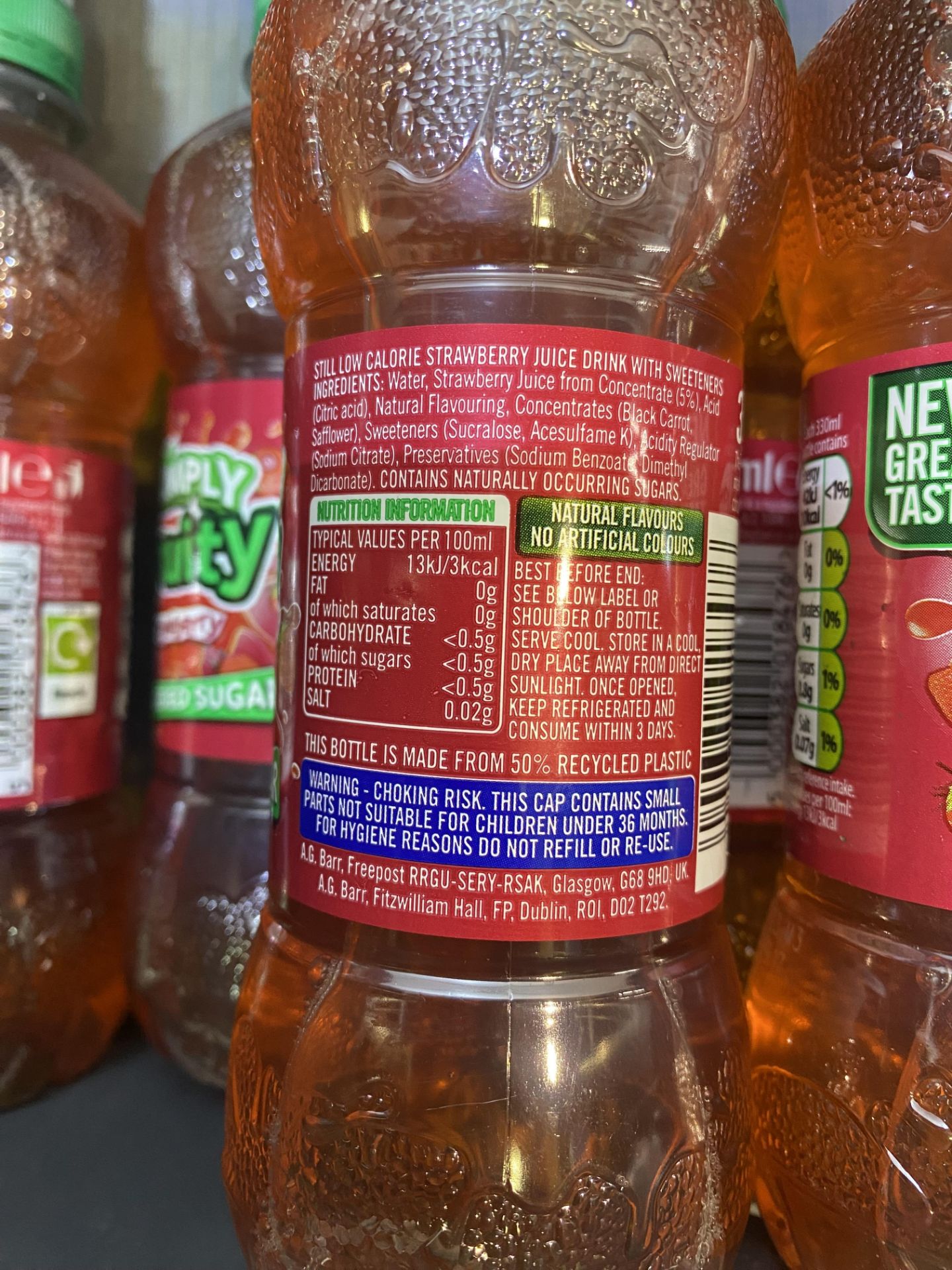 56 x Bottles Of Simply Fruity Strawberry Juice, No Added Sugar, 330ml, BBD 23 - Image 3 of 3