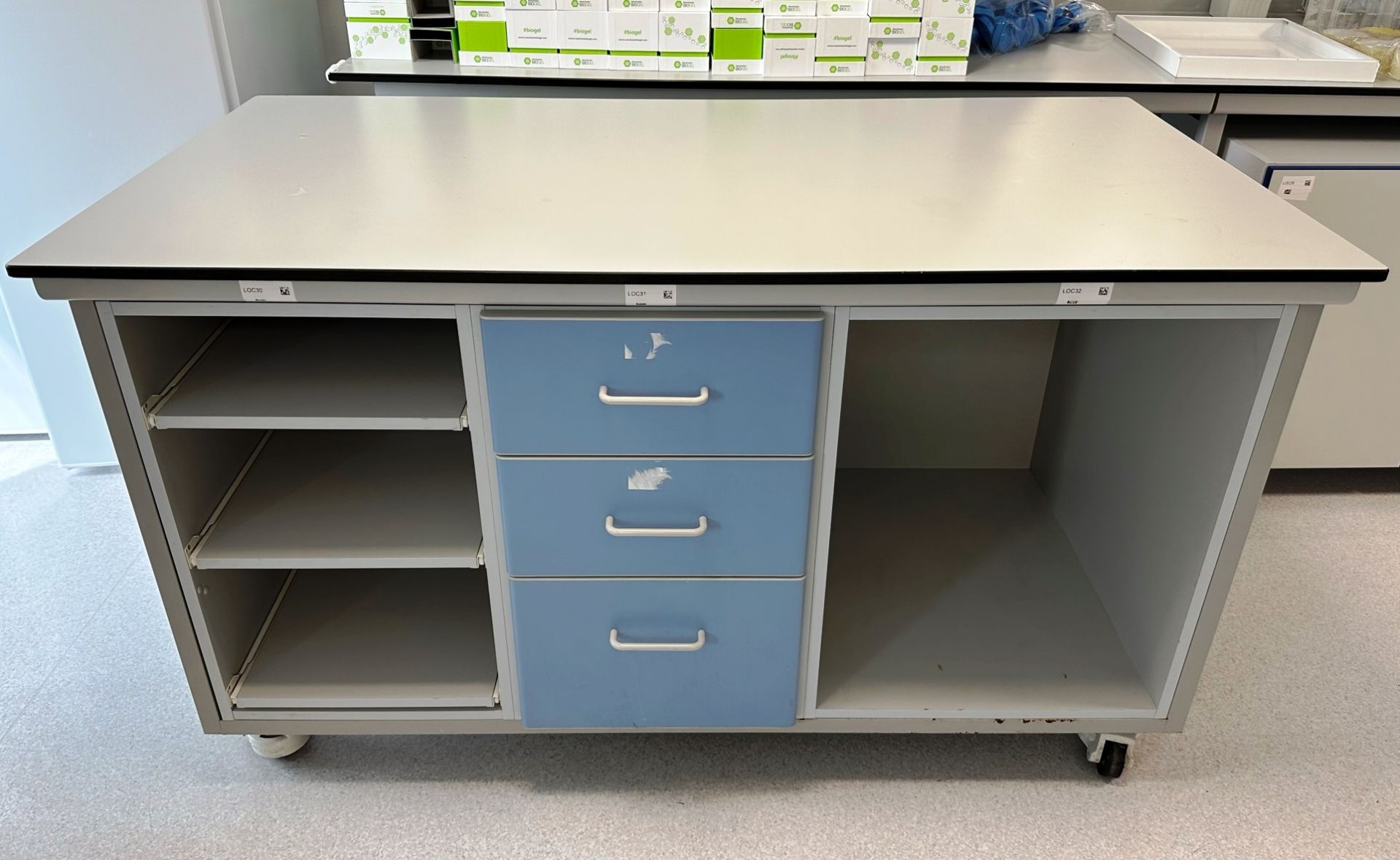 Mobile Laboratory Workbench w/ Multi Drawer/Shelf Storage & Power Outlet