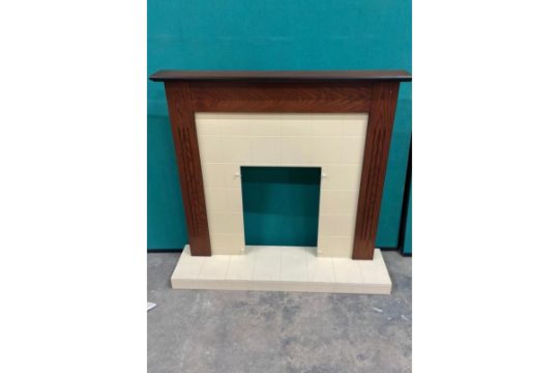 WOODEN FIRE SURROUND DISPLAY WITH TILE DETAIL