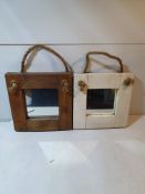 2 x Wooden Mirrors with Straw Hanging Straps