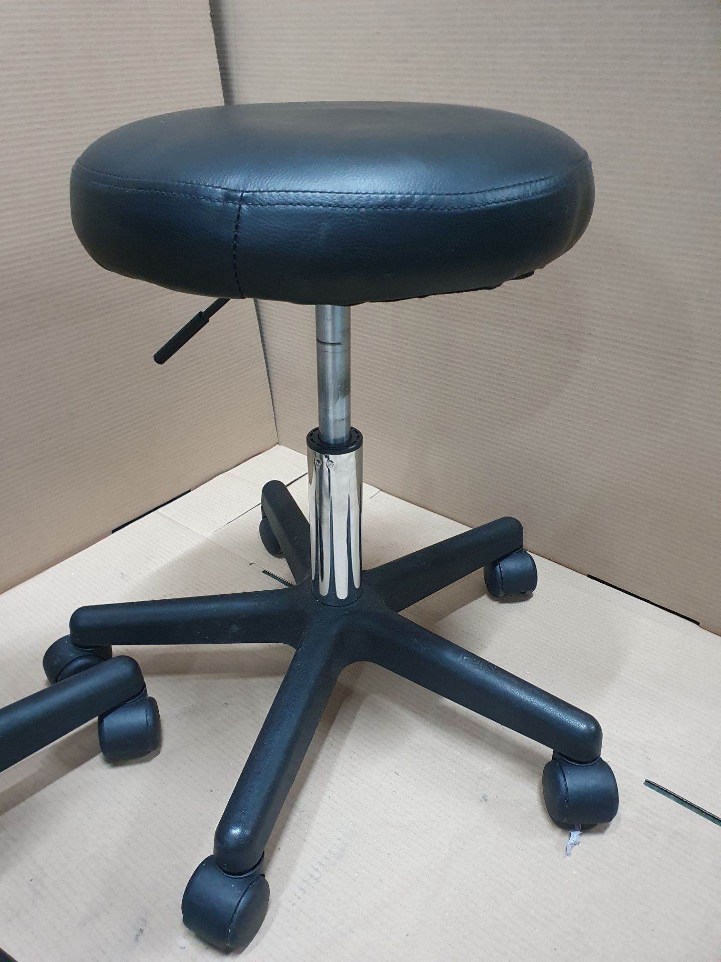 2 x Height Adjustable Stools, Black Leather Effect Cushion on Wheels - Image 2 of 4