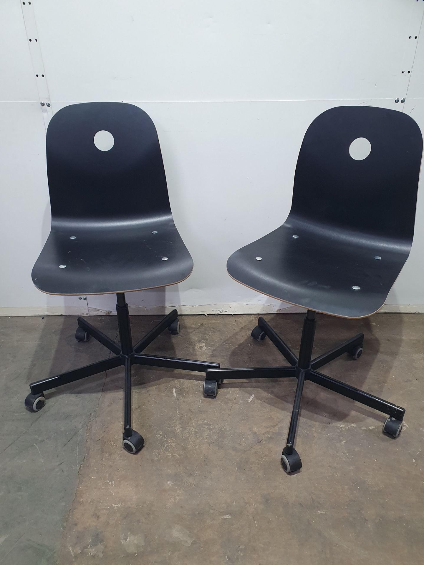 2 x Black Wooden Height Adjustable Chairs on Wheels