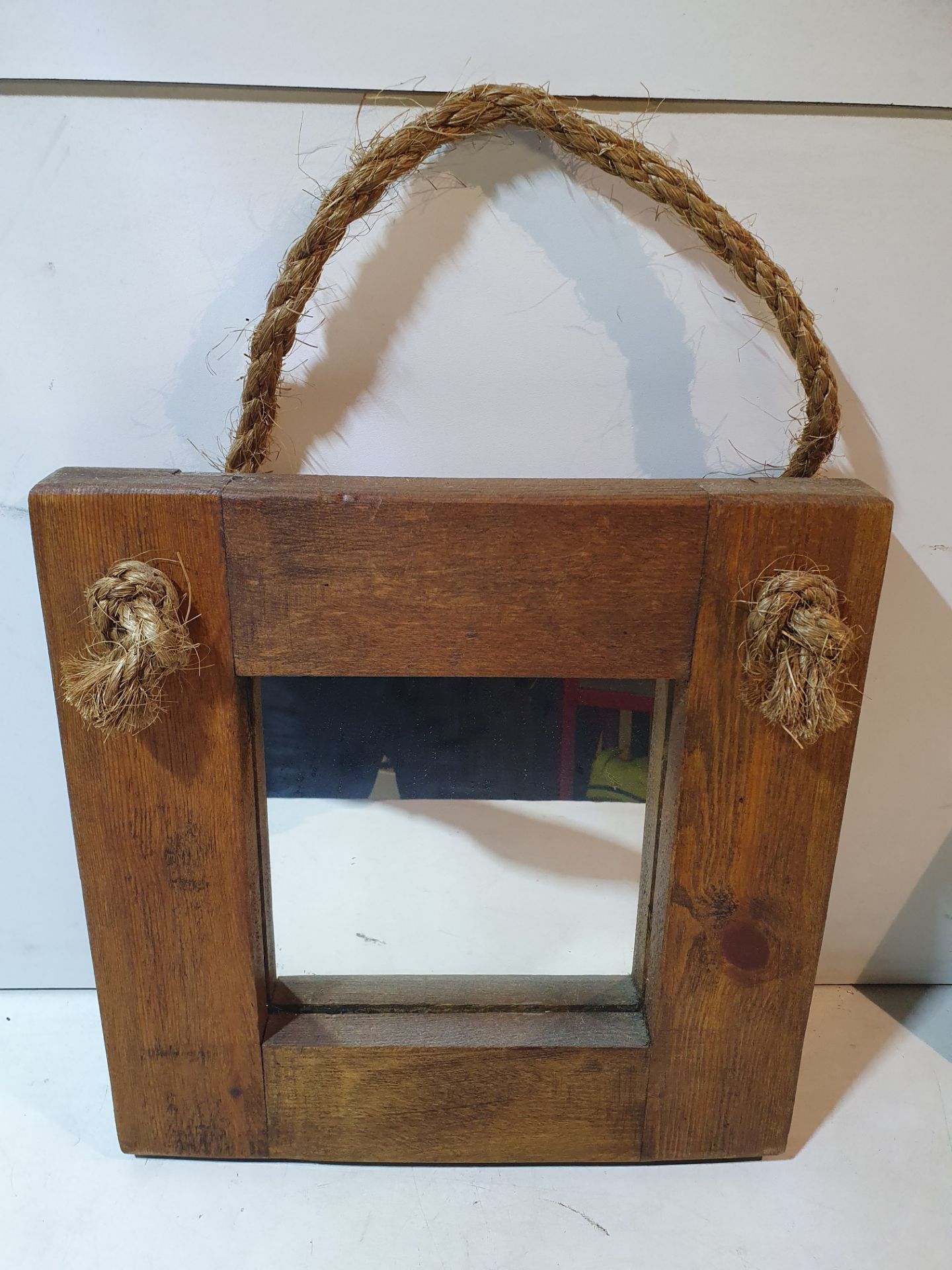 2 x Wooden Mirrors with Straw Hanging Straps - Image 2 of 5