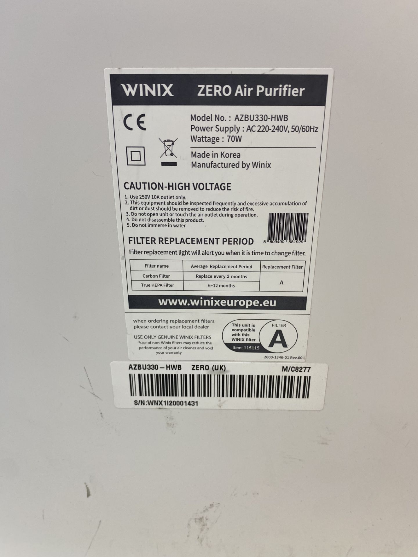 2 x Winix Zero True HEPA 4 Stage Air Purifier - Image 11 of 11