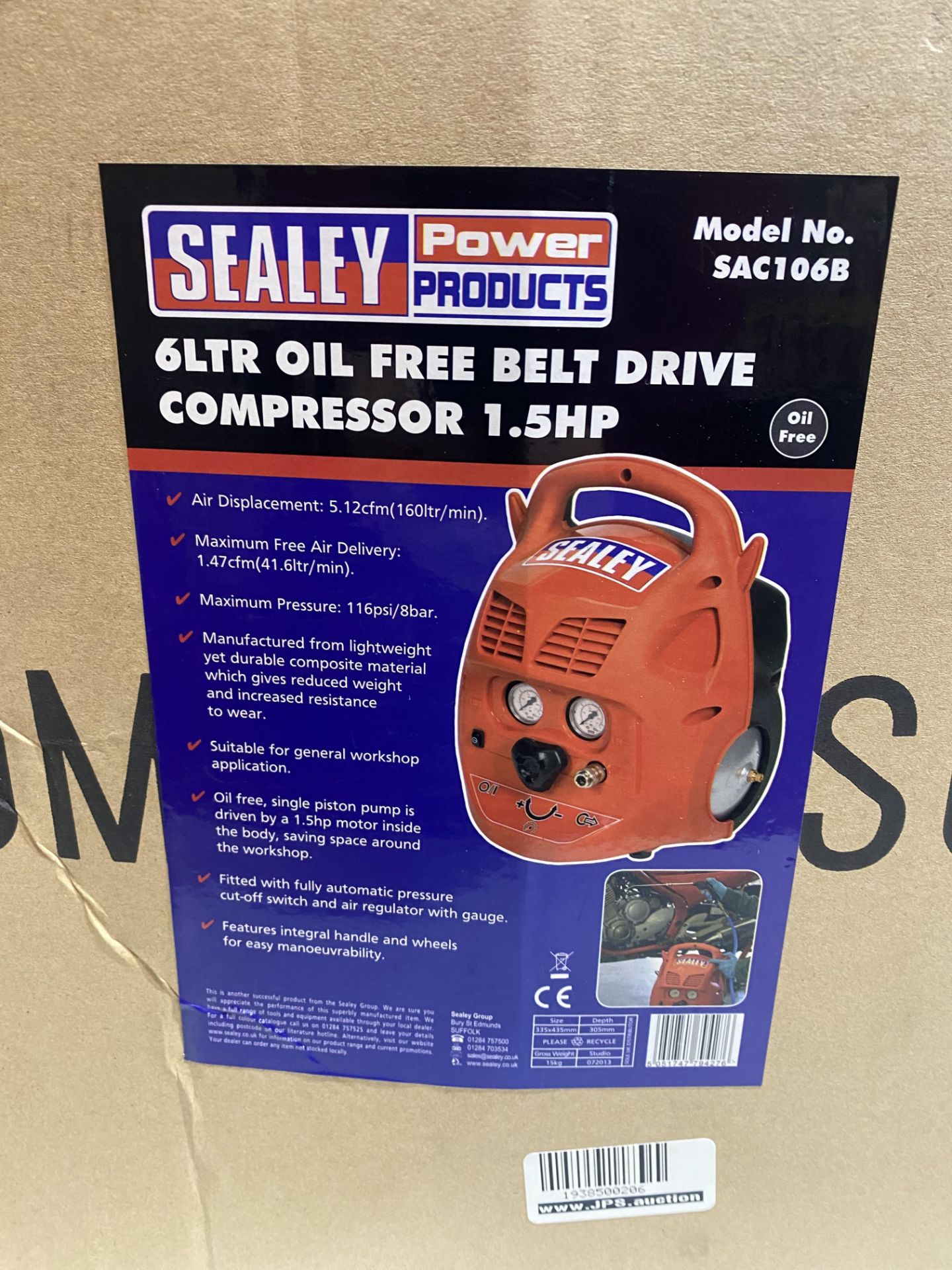 Sealey SAC106B Oil Free Belt Drive Compressor, 1.5HP, 6L, Red - Image 2 of 3