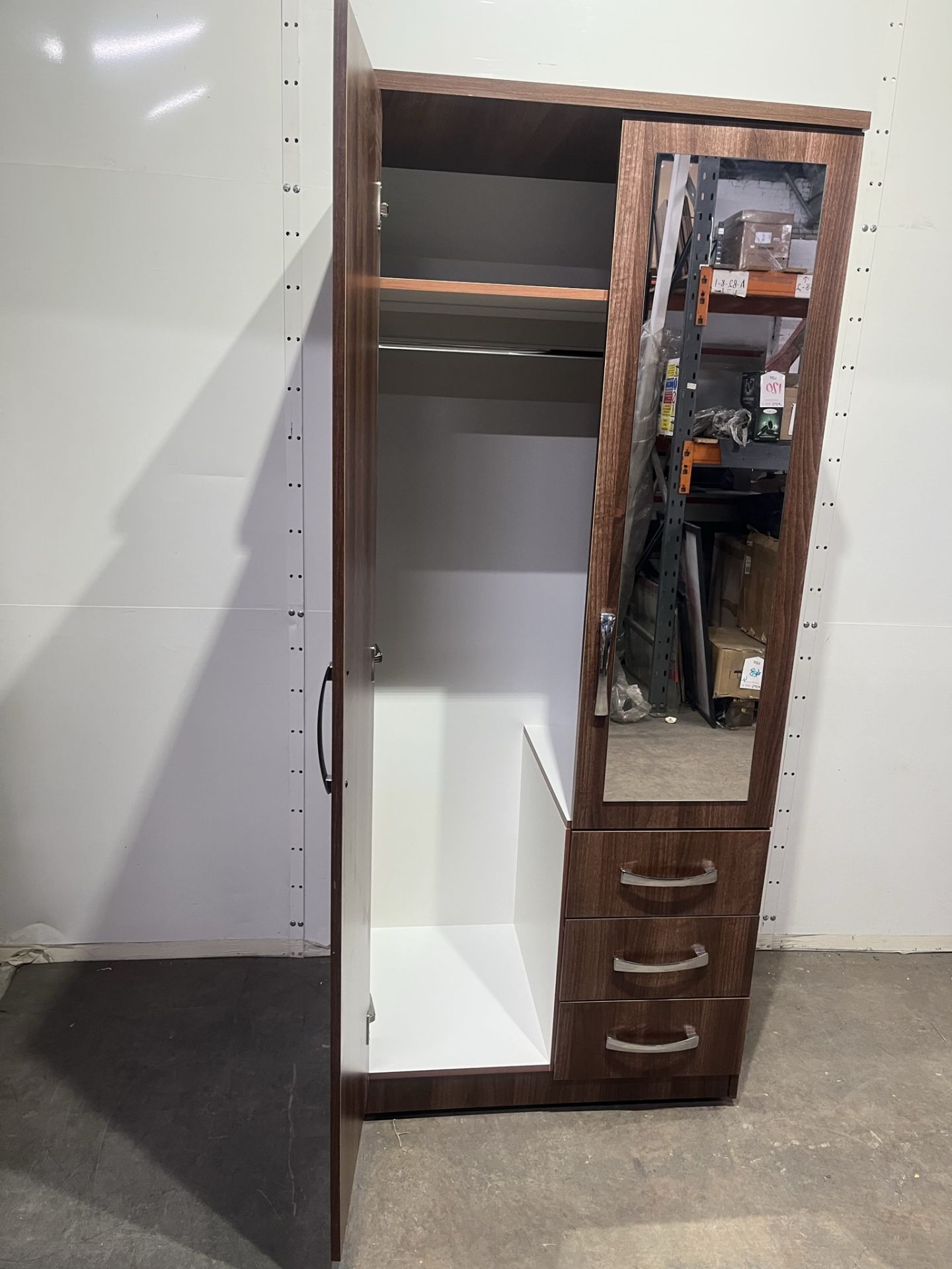 Ex-Display Brown 2 Door Wardrobe with 3 Narrow Drawers and Mirror with Interior Shelf and Hanging Ra - Image 2 of 5