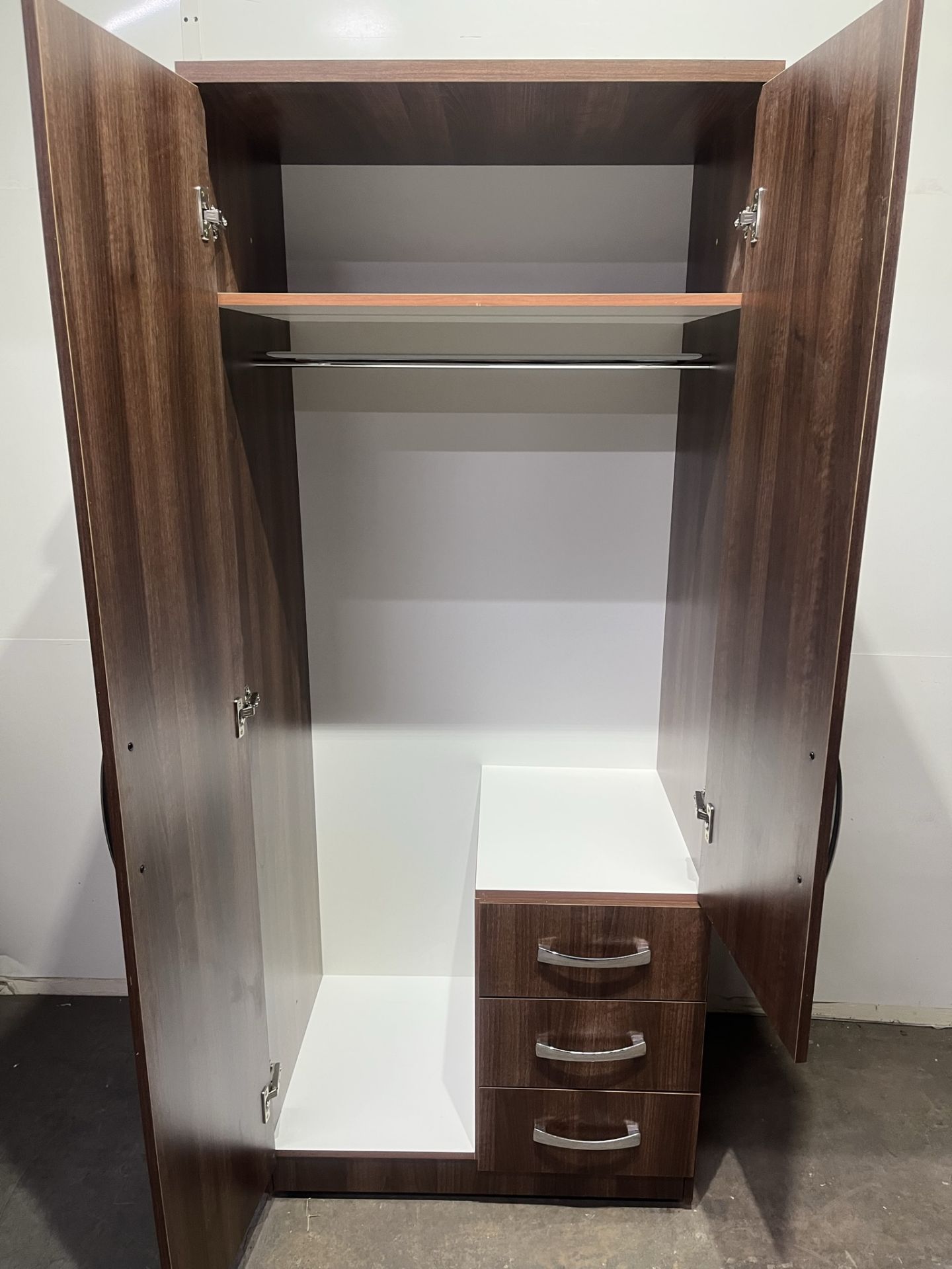 Ex-Display Brown 2 Door Wardrobe with 3 Narrow Drawers and Mirror with Interior Shelf and Hanging Ra - Image 3 of 5