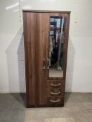 Ex-Display Brown 2 Door Wardrobe with 3 Narrow Drawers and Mirror with Interior Shelf and Hanging Ra