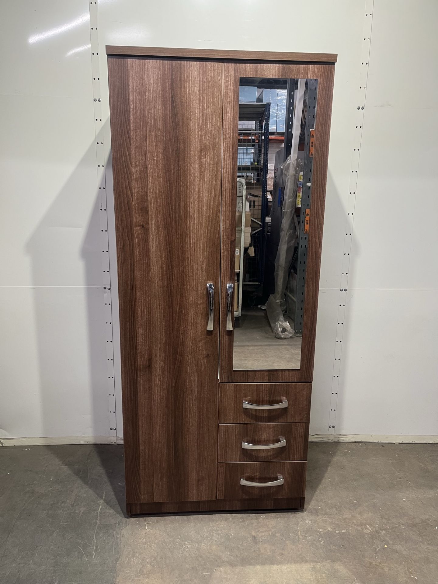 Ex-Display Brown 2 Door Wardrobe with 3 Narrow Drawers and Mirror with Interior Shelf and Hanging Ra