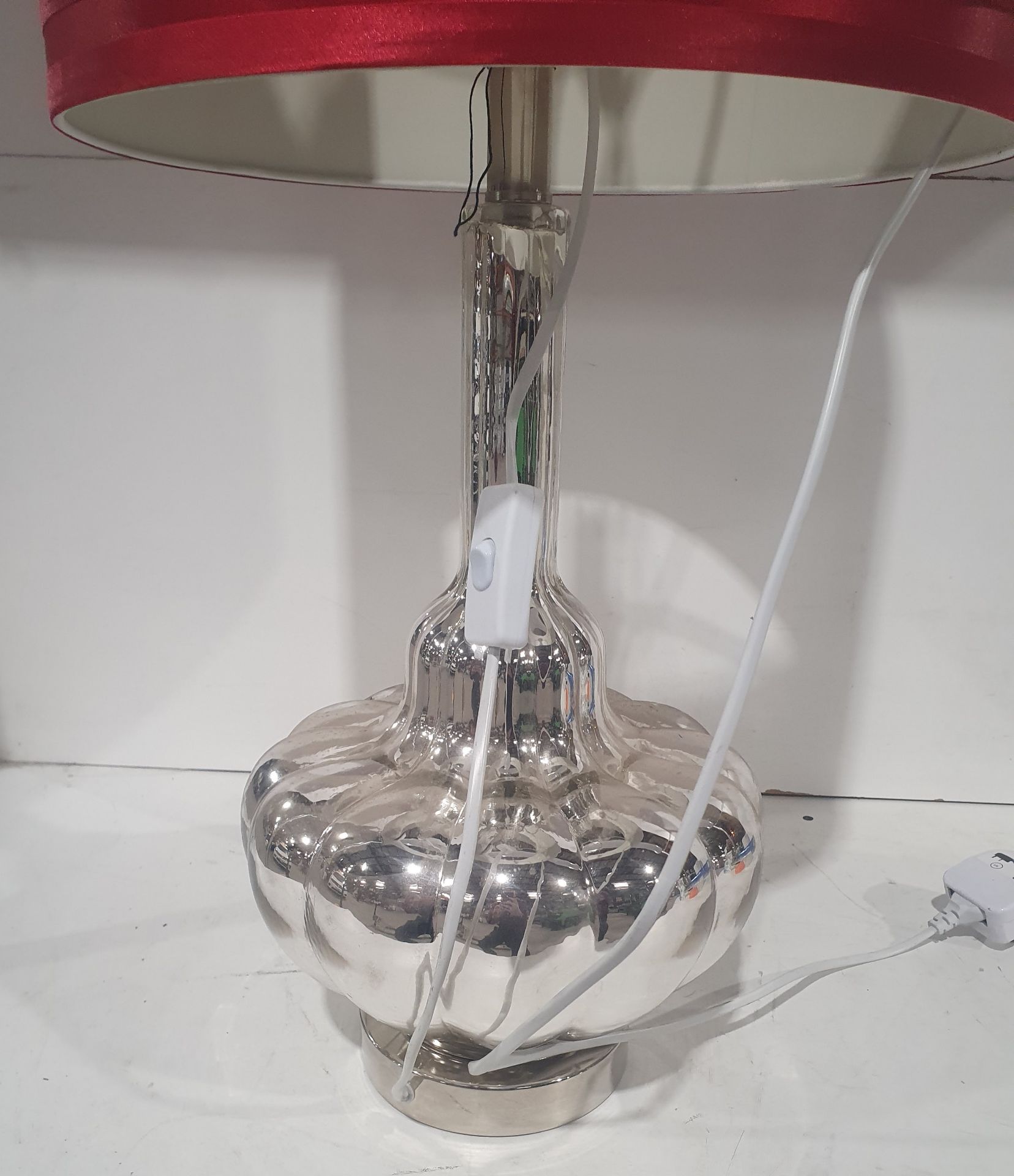 Silver Metal Lamp Base with Red Shade - Image 2 of 4
